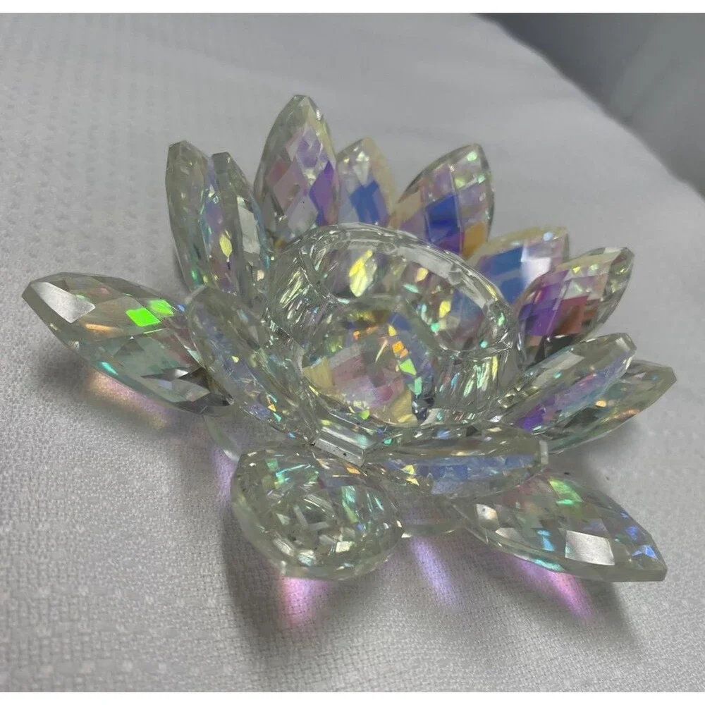 Iridescent Crystal Lotus Flower Candle Holder Rainbow Prism Boho Spiritual Decor
